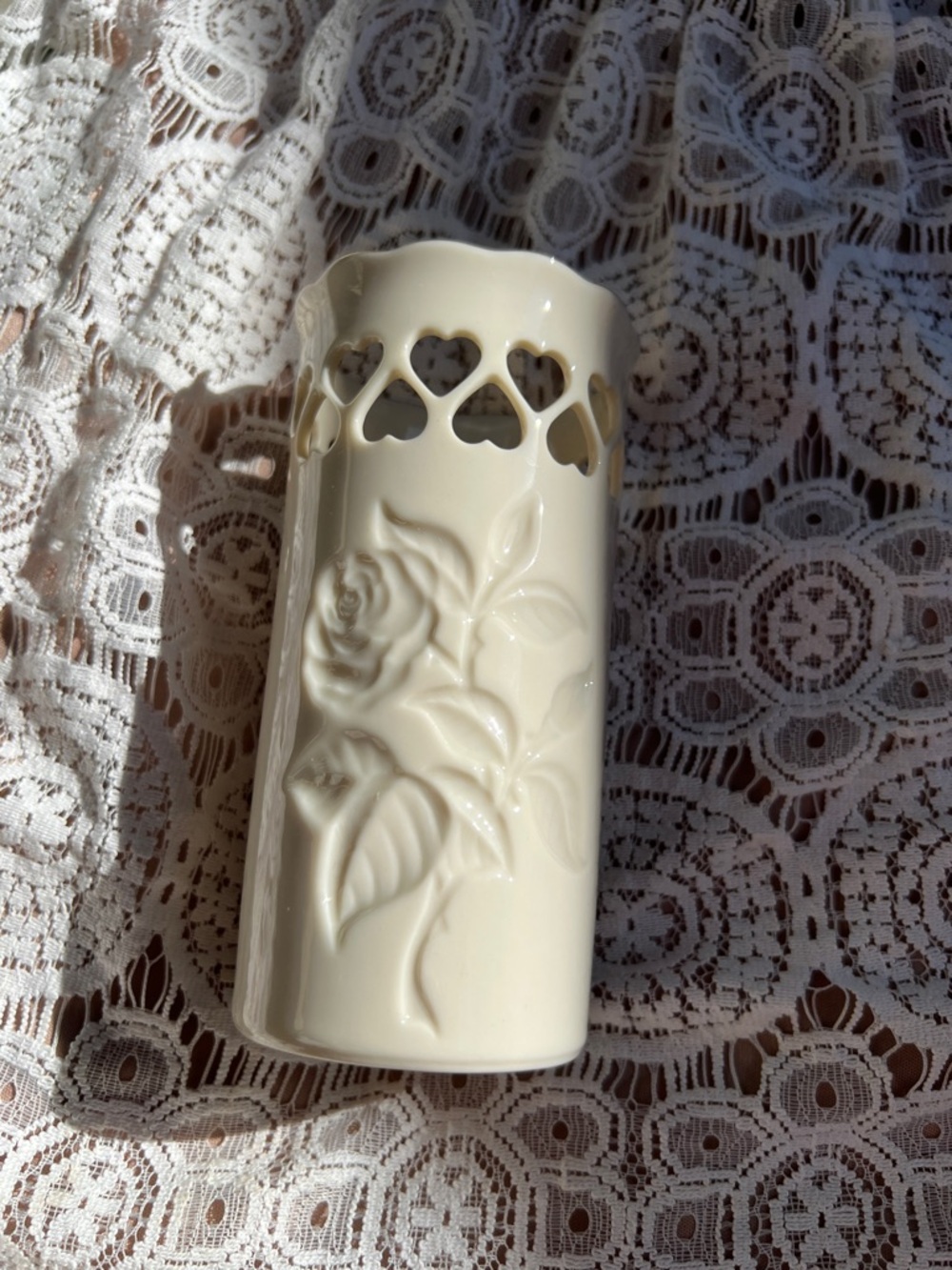 Lenox Cream Ceramic Rose Heart Cutout Pillar Vase